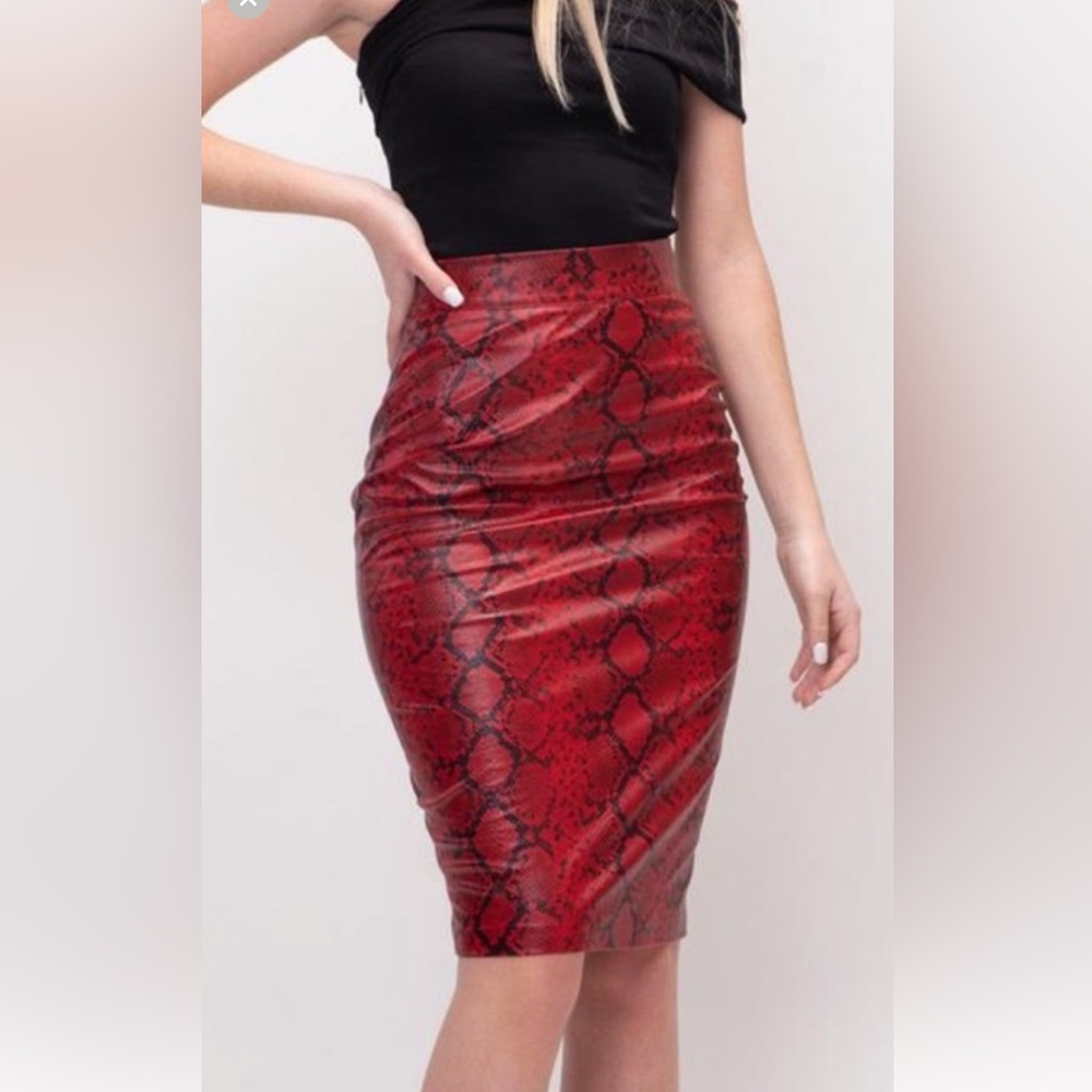 Pinup Red Snake Print Midi Skirt